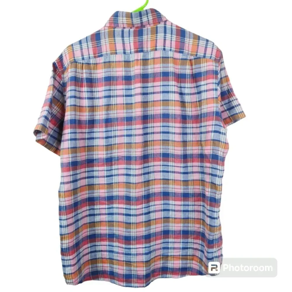 J. Crew Mens Slim Fit Linen Cotton Blend Plaid Short Sleeve Shirt Large